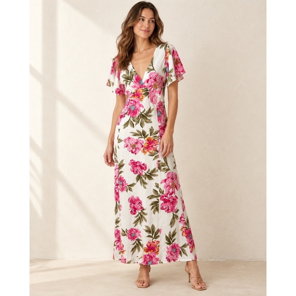 White Closet Maxi Dress Women Medium White Pink Linen Floral Boho Cottagecore